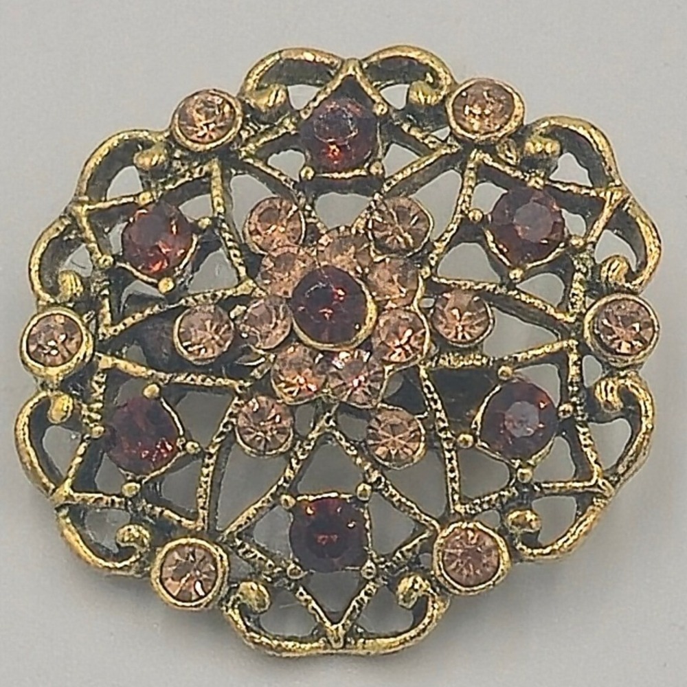 Vintage Gold Amber Garnet Filigree Round Brooch Pin